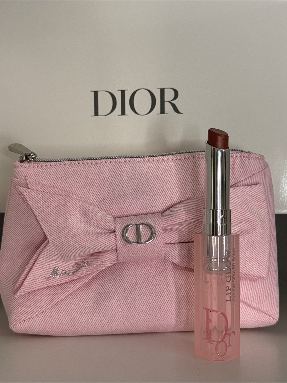 Dior Pink Bow Canvas Cosmetic Pouch with Dior Addict Lip Glow #062 Bronzed Glow